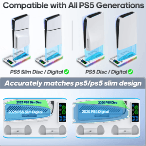 Soporte para PS5/PS5 Slim/PS5 Pro - Estación de Carga con Gancho para Auriculares y Ventilador de Refrigeración de 3 Niveles - Imagen 2