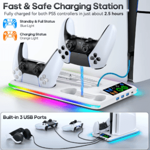 Soporte para PS5/PS5 Slim/PS5 Pro - Estación de Carga con Gancho para Auriculares y Ventilador de Refrigeración de 3 Niveles - Imagen 4